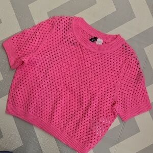 Bright Pink Open Knit Short Sleeve Sweater By H&M. Size S